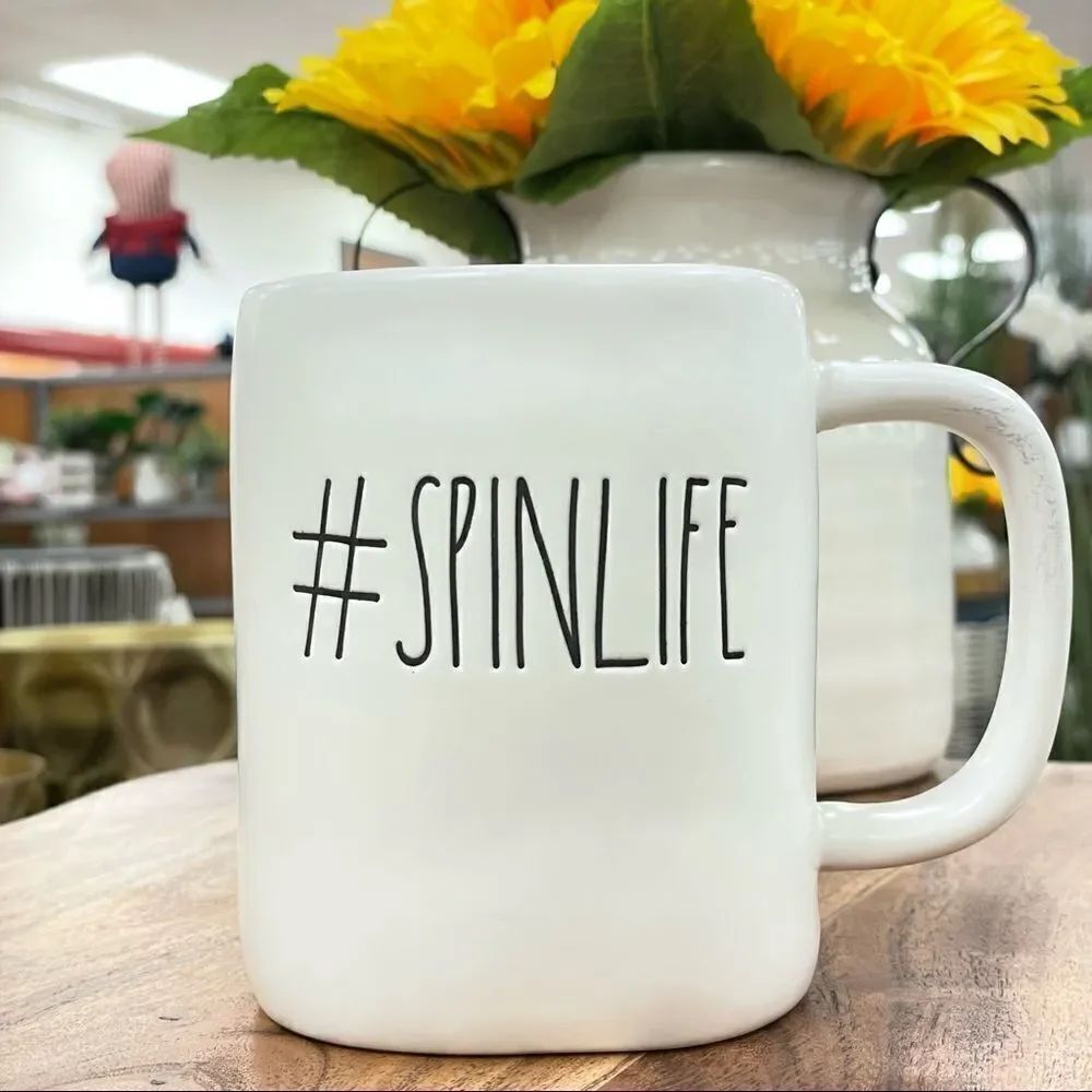 NWT Rae Dunn #SPINLIFE White w/ Black Carved Letters Unique Fun Matte Finish Mug